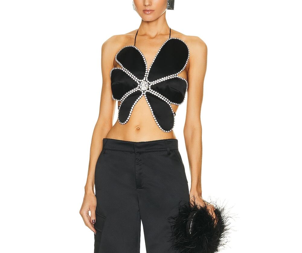 AREA Black Rhinestone-Trim Flower Tank Top
